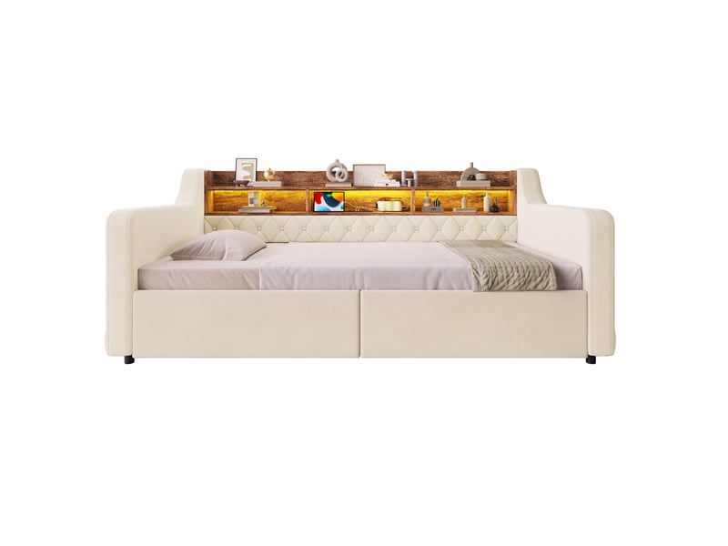  Lit simple 90x190 cm avec led et rangement en velours beige  - Conforama A