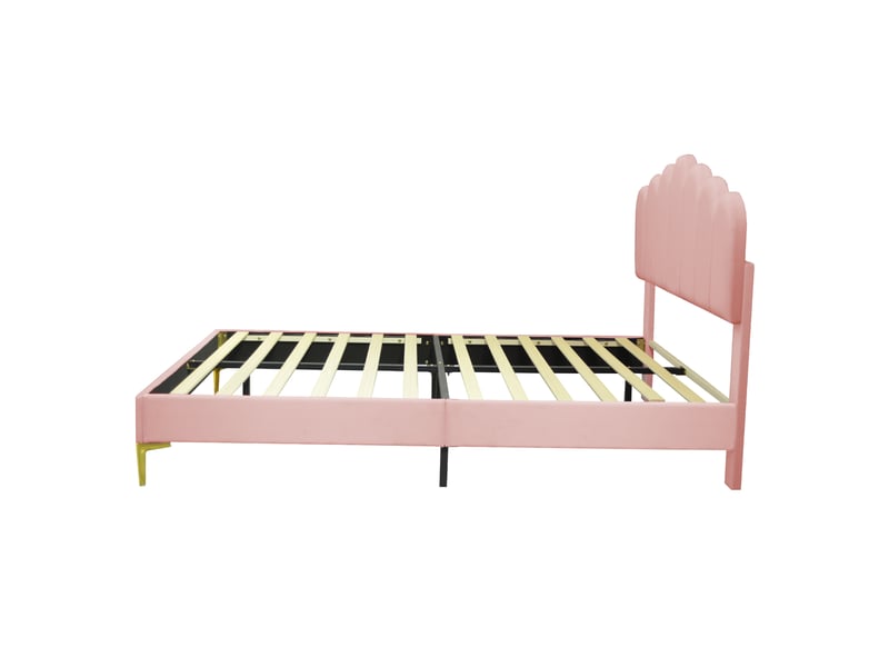  Lit double 140x200 cm en velours rose, tête de lit réglable et sommier à lattes  - Conforama E