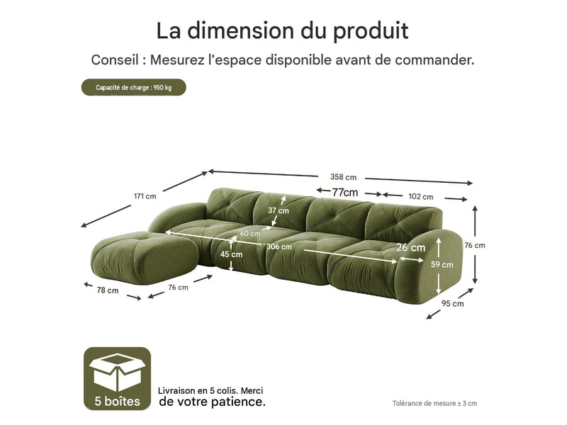 Canapé modulable 4 places avec repose-pieds en tissu chenille vert W3325S00359 - Conforama C
