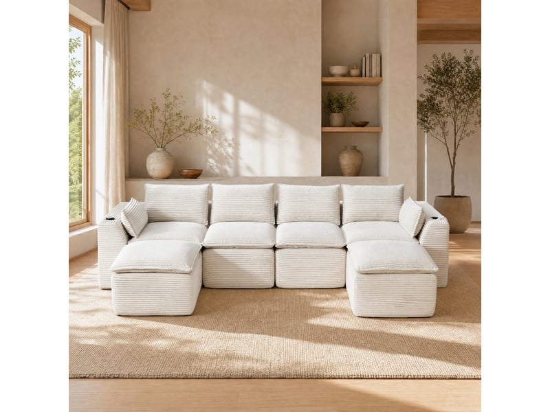 Canapé modulable 4 places en velours côtelé beige avec 2 poufs - Conforama B