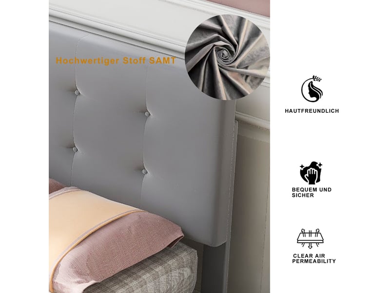 Lit enfant 90x200 cm avec 2 tiroirs, tête de lit réglable et sommier, velours, gris, sans matelas - Conforama R