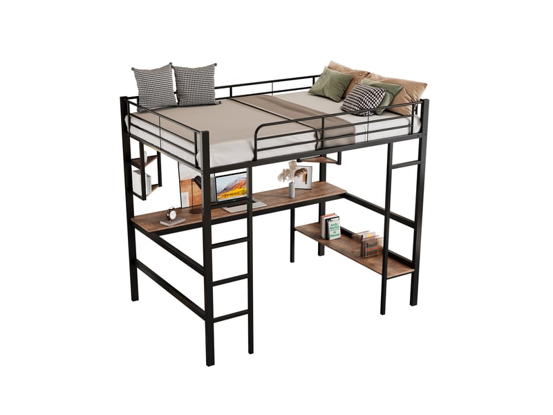 Lit mezzanine 90x200 cm avec étagères, structure acier, sommier, protection, métal + mdf, noir, sans matelas - Conforama A