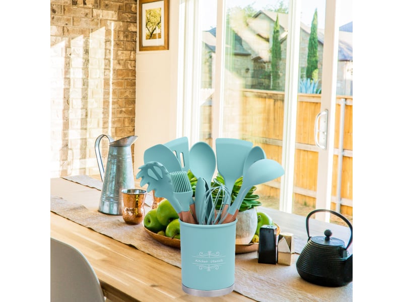  Ensemble de 12 ustensiles de cuisine en silicone gris avec seau de rangement et poêle antiadhésive  - Conforama C
