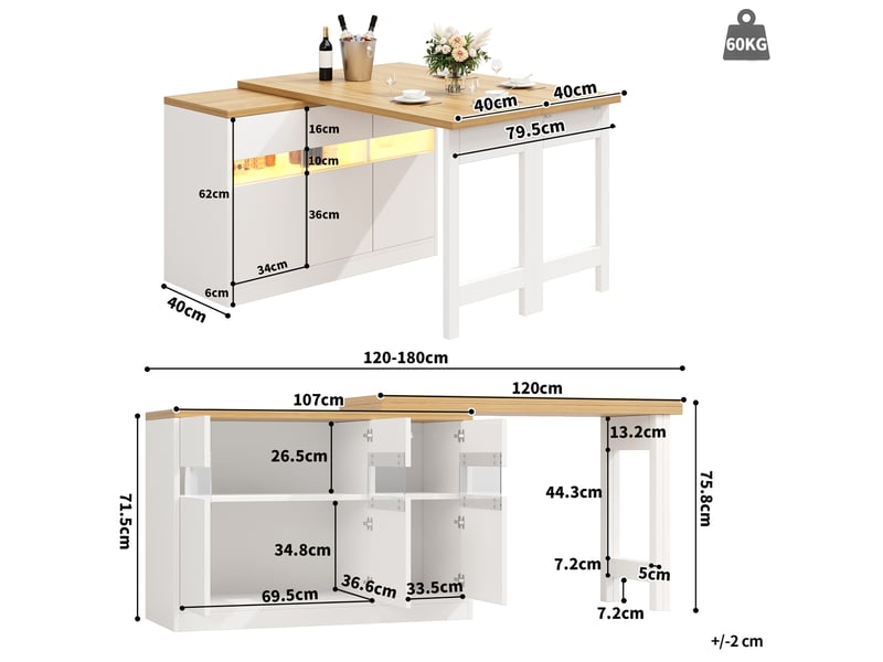 Buffet et enfilade extensible avec 4 portes led et rotation 360° pour cuisine et salle à manger en mdf blanc 120-180 cm - Conforama C