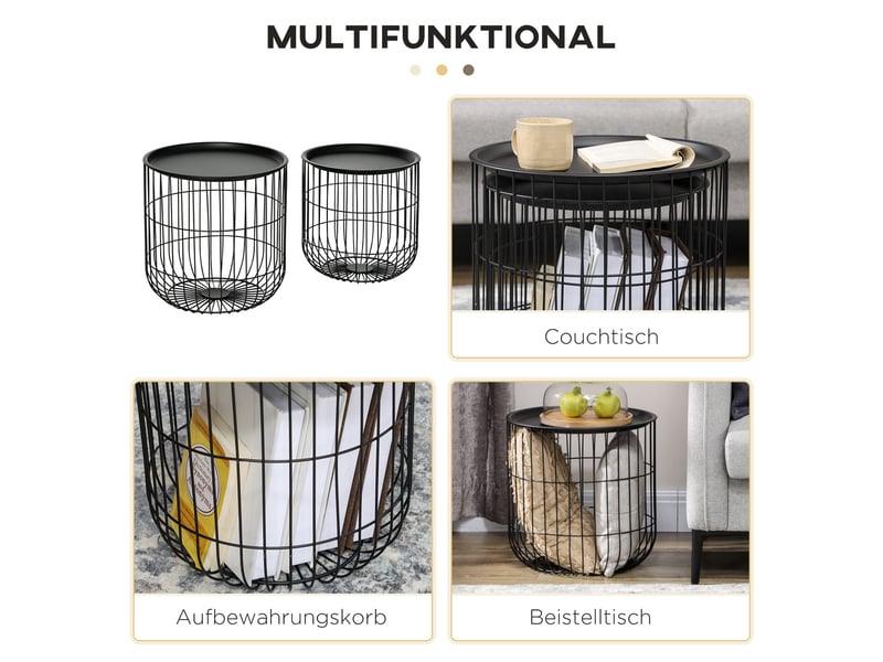 Tables basses gigognes scandinaves avec plateaux amovibles et rangement ouvert en acier noir pour salon, lot de 2 - Conforama E