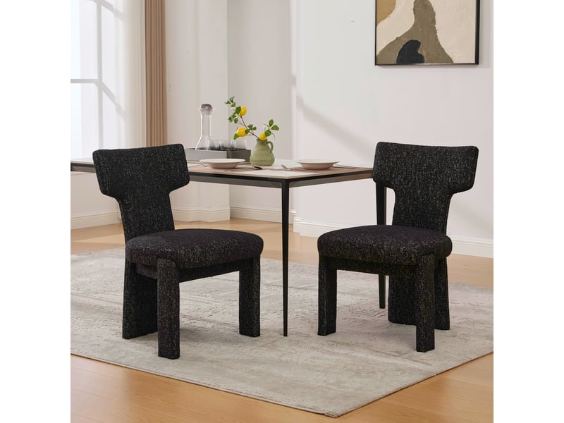 Lot de 2 chaises de salle à manger en chenille noir et gris, pieds en bois d'hévéa - Conforama C