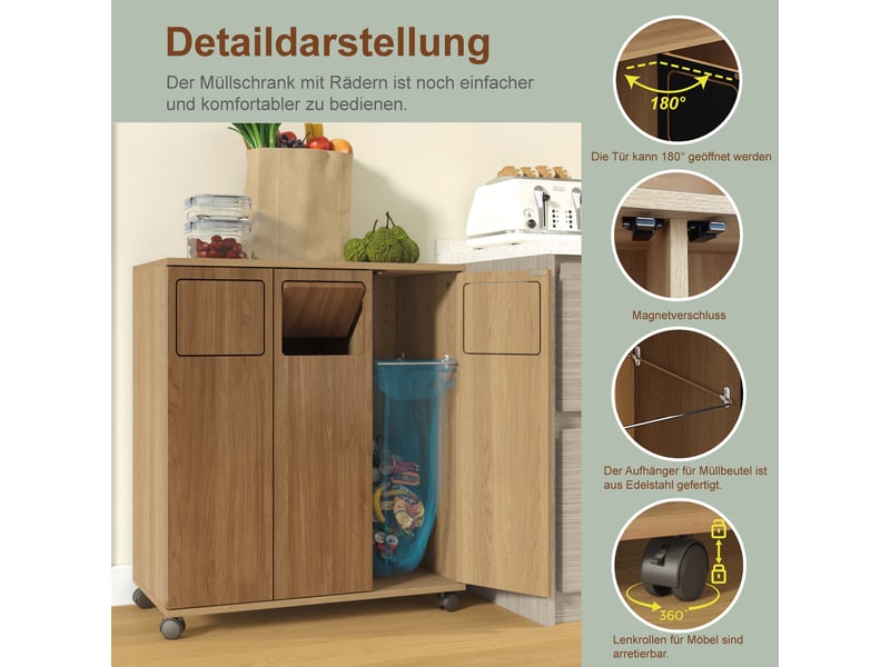  Meuble de tri des déchets,69,3x35x80 cm,3 portes avec roulettes,mdf,effet chêne  - Conforama D