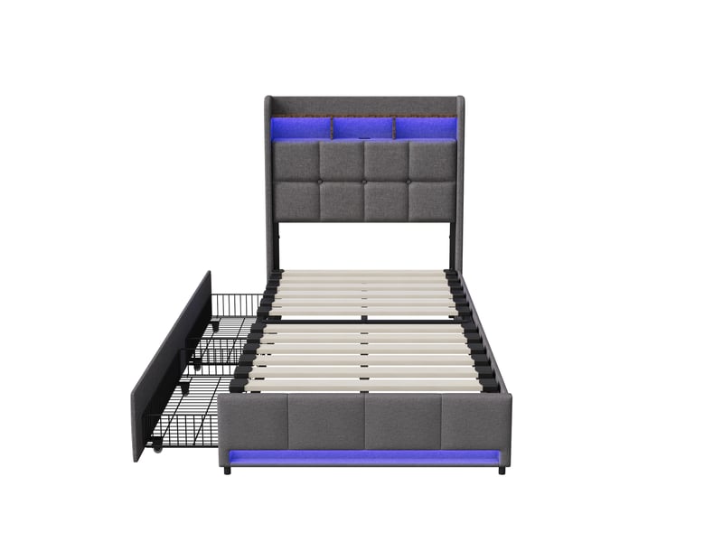  Lit simple 90x200 cm, cadre lit avec 2 tiroirs de rangement, tête de lit avec led, ports usb et type-c, lit pour chambre d'adolescent et chambre d'appoint, gris  - Conforama E