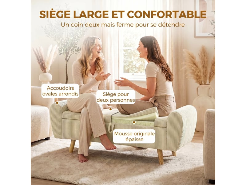 Banc de rangement 73 l, beige, coffre de rangement rembourré en velours côtelé avec accoudoirs et pieds en bois d'hévéa - Conforama R