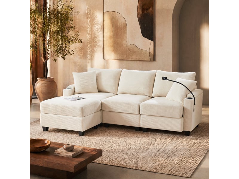 Canapé d'angle réversible modenvie convertible 3 places avec pouf velours côtelé beige 213,5 x 139 x 87 cm - Conforama B