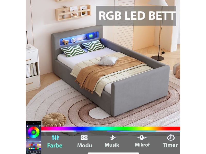  Lit coffre 90x200, coffre de rangement lit une personne, ouverture hydraulique assistée, revêtement velours, led, ports usb, dossier réversible  - Conforama E