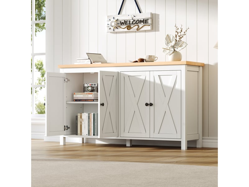  Buffet moderne blanc 4 portes en mdf avec poignées rondes noires 2 compartiments meuble de rangement salon salle à manger entrée 140 x 40 x 78 cm  - Conforama B