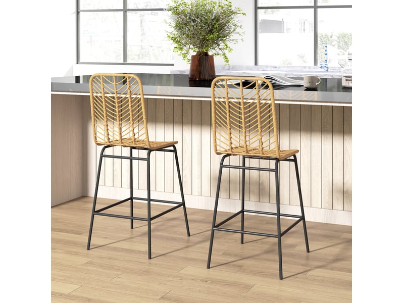  Tabourets de bar lot de 2 avec dossier et repose-pieds, design bohème en résine tressée jaune et acier noir  - Conforama B
