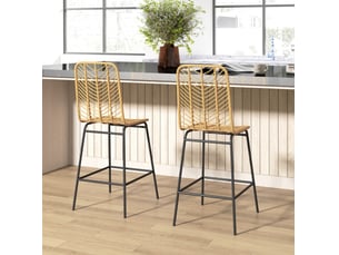 Tabourets de bar lot de 2 avec dossier et repose-pieds, design bohème en résine tressée jaune et acier noir