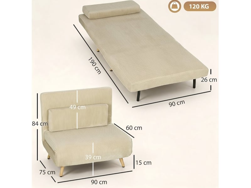  Fauteuil convertible tcqpz 3-en-1 90 x 190 cm dossier réglable 6 positions velours côtelé beige  - Conforama C