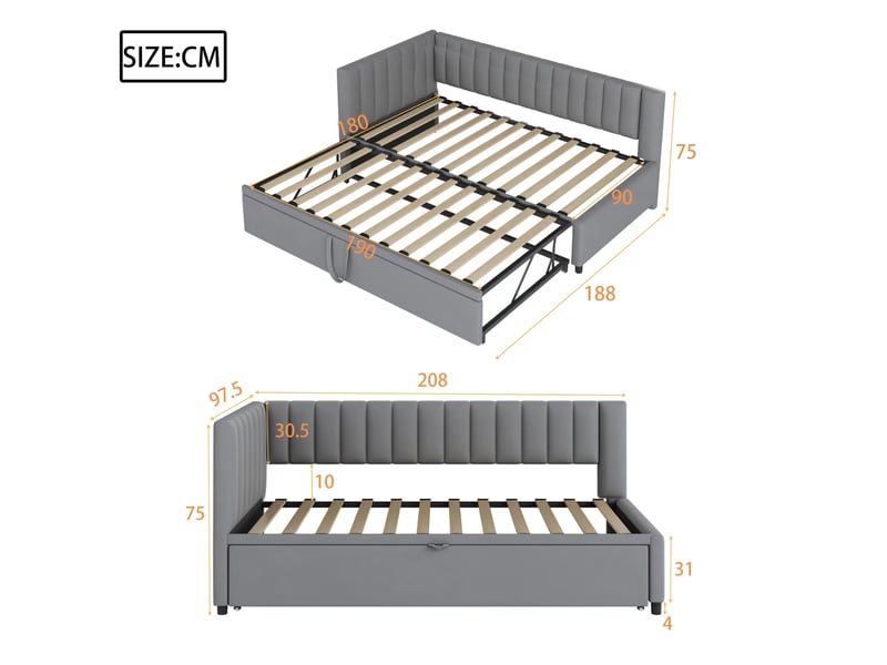  Lit enfant gigogne 90x200cm, gain de place, tête de lit confort, style moderne, velours gris clair, sans matelas  - Conforama C