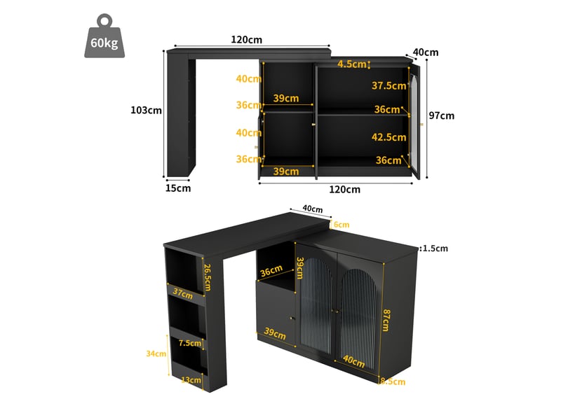  Meuble bar pivotant à 360° noir 120 x 40 cm avec rangements et portes en verre  - Conforama C