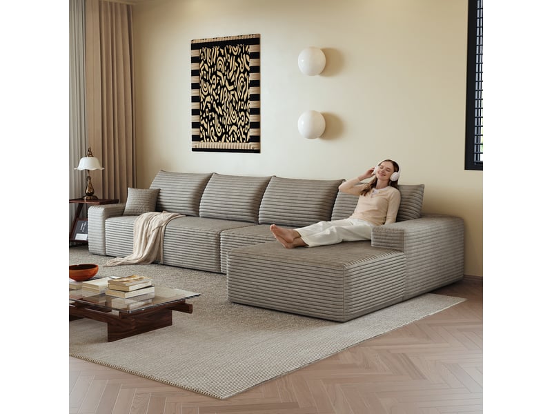  Canapé d'angle modulable 4 places en velours côtelé camel, 340 x 175 x 83 cm, méridienne droite, sans montage, livré compressé, assise profonde CARDUME ESTIVAL - Conforama D
