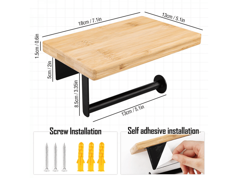 Porte rouleau de toilette en bambou avec plateau - support mural auto-adhésif sans perçage pour salle de bain - Conforama B