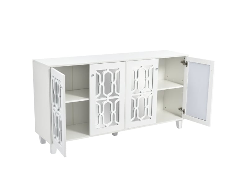 Buffet blanc miroir et poignées en cristal - 160x40x84cm - quatre portes avec stratifié mobile - pour salon et salle à manger - Conforama A