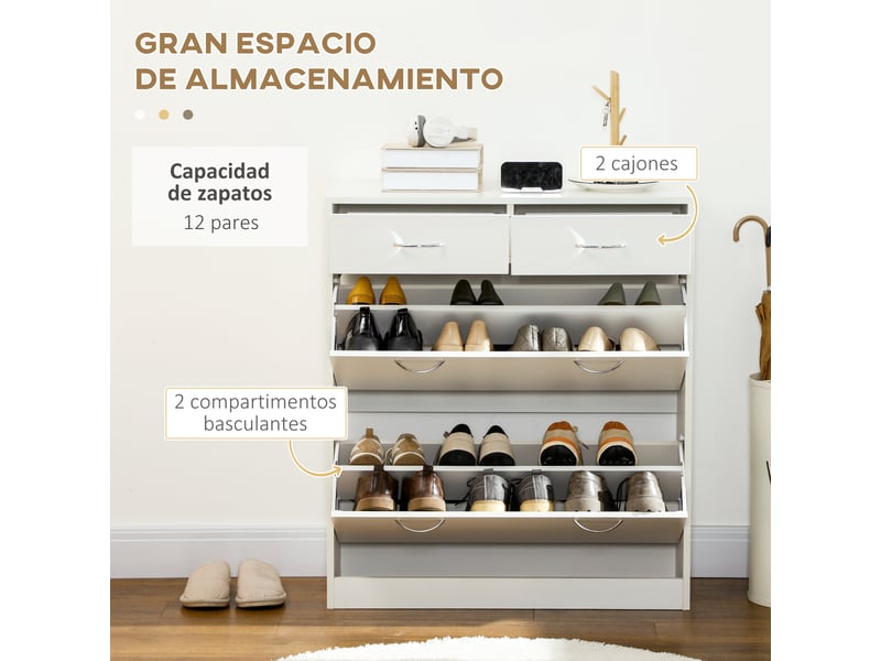  Meuble à chaussures étroit avec 2 tiroirs abattants pour 12 paires de chaussures, 80 x 30 x 91,5 cm, blanc  - Conforama E