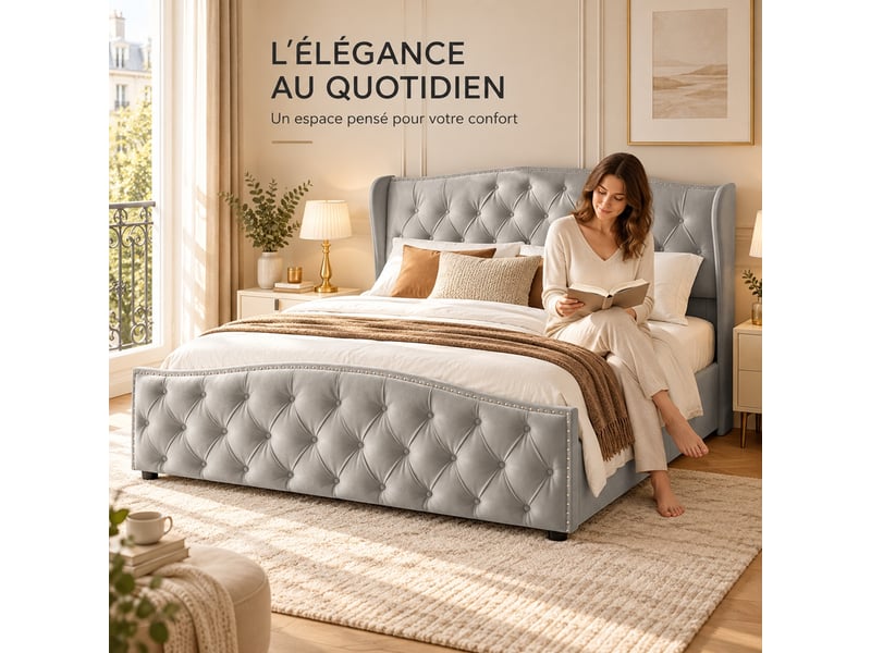 Yyxldynb lit coffre 140x190 cm avec rangememt, lit double rembourré avec sommier à lattes, cadre de lit 2 places avec tête de lit capitonnée, lit adulte, velours gris - Conforama R