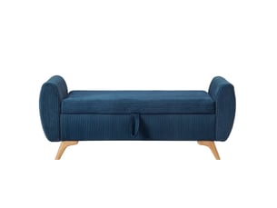 Banquette de rangement 145 x 51 x 57 cm bleu en velours côtelé, coffre à couvercle et pieds en bois