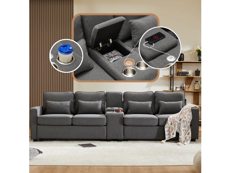  Canapé 4 places 290x83x88 cm avec console usb gris foncé  - Conforama C