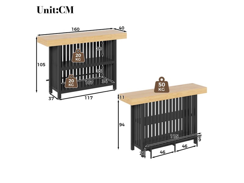  Table de bar 160x40x105 cm avec repose-pieds et rangement à 2 niveaux en mdf couleur noir et bois, confort optimal  - Conforama C