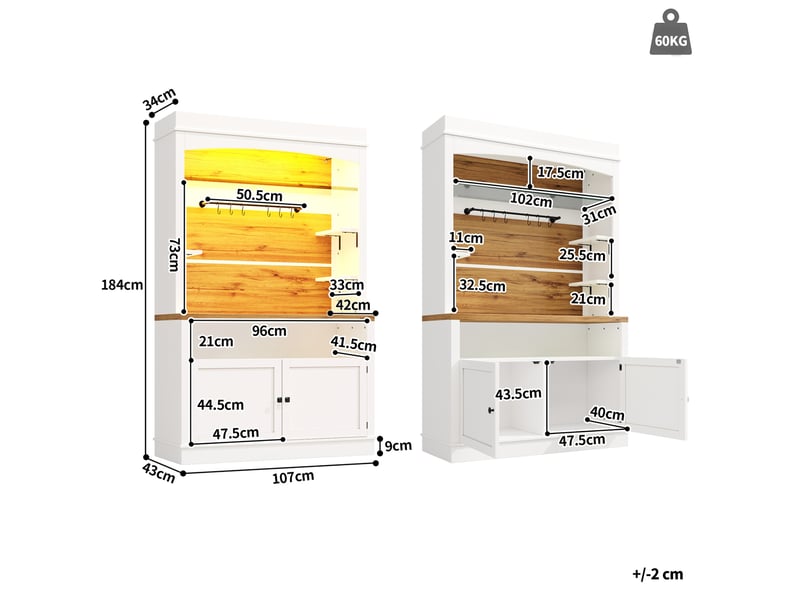  Lot de 2 buffets de cuisine hauts led avec étagère en verre et 6 crochets, pour cuisine, mdf blanc, 107 × 34 × 184 cm  - Conforama D