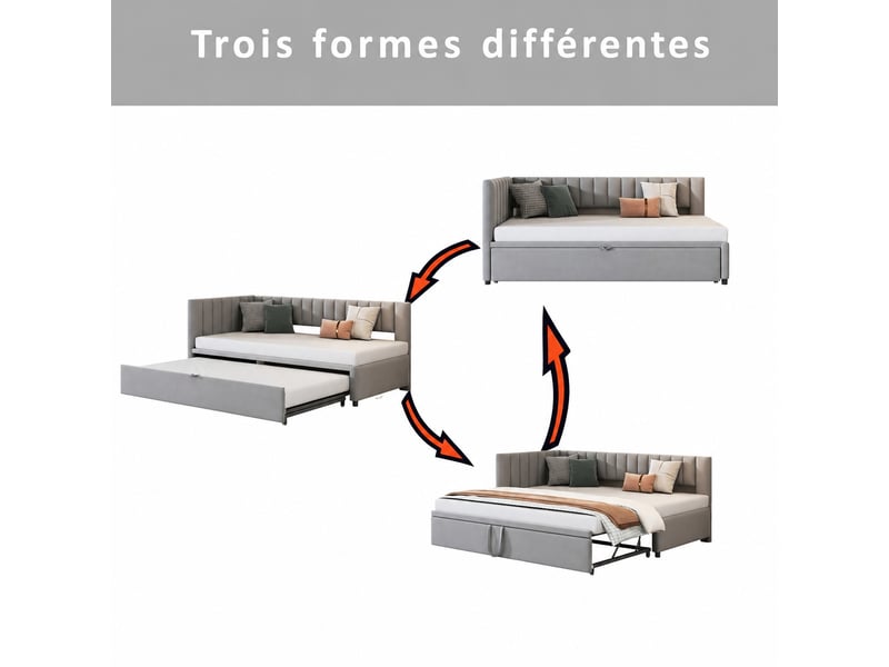  Canapé-lit gigogne 90 x 200 cm extensible à 180 x 200 cm - velours gris, dossier en l  - Conforama E