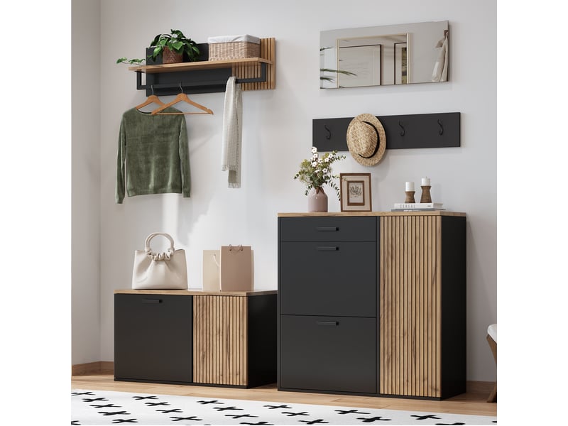 Meuble d'entrée complet, ensemble de vestiaire d'entrée 5 pièces avec meuble à chaussures banquette miroir étagère et patères, naturel  - Conforama B