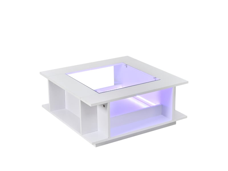 Table basse 70x70 cm blanc brillant, plateau verre, led, table d'appoint salon, charge max 30 kg, panneau de particules - Conforama A