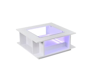 Table basse 70x70 cm blanc brillant, plateau verre, led, table d'appoint salon, charge max 30 kg, panneau de particules