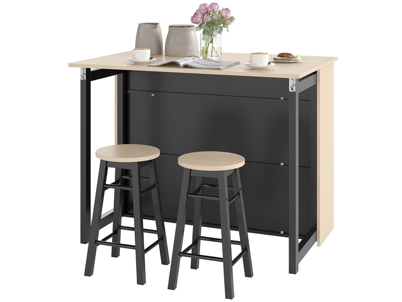  Ensemble bar 3 pièces, table de bar avec plateau rabattable, 2 tabourets de bar, 6 compartiments de rangement, noir et chêne, 116 x 70 x 89,5 cm  - Conforama B