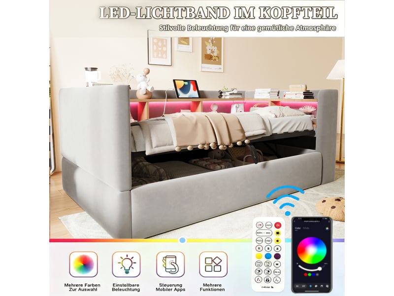  Lit banquette coffre 90x190 cm avec led et prises, canapé lit avec nombreux rangements, gris evarich - Conforama D