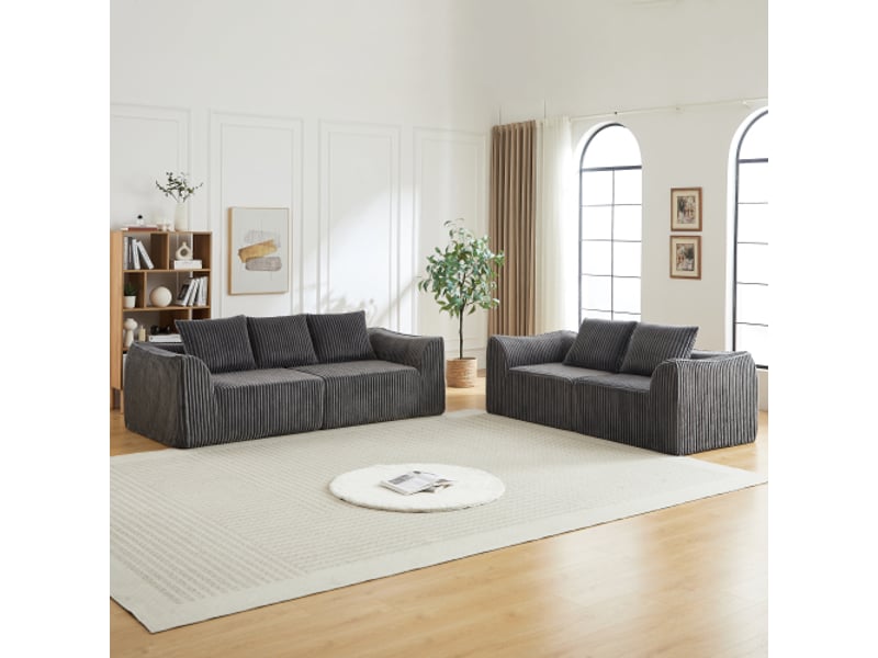 Canapé en velours côtelé, design minimaliste, lignes épurées, dossier incliné, 5 coussins inclus, salon moderne - Conforama B