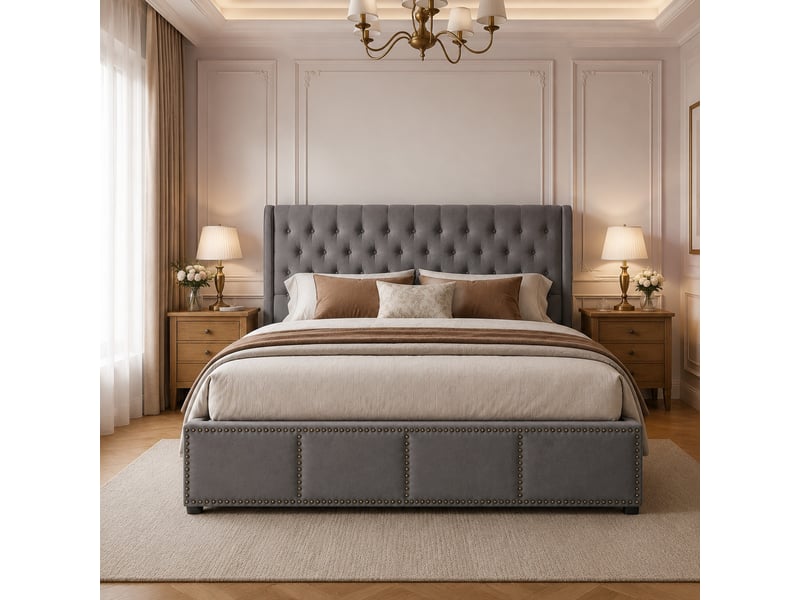  Lit coffre 140 x 190 cm en velours gris avec sommier inclus  - Conforama B