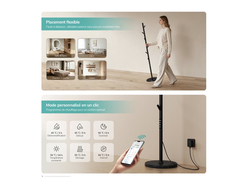  Emke sèche-serviettes électrique sur pied 150 x 32 x 32 cm, 100 w, wi-fi, alexa, noir mat, 6 modes  - Conforama D