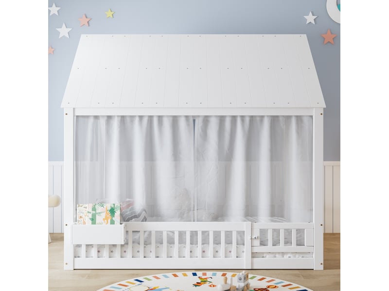 Lit cabane enfant 140x200 cm en bois et mdf avec rideaux blancs et rangement - Conforama D