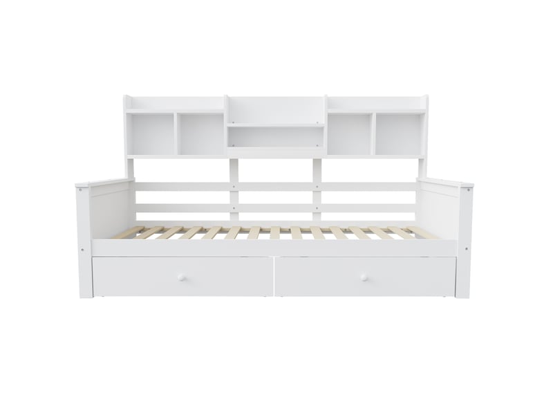  Lit banquette 90x200 cm en bois blanc, tiroirs, étagères et sommier à lattes  - Conforama A