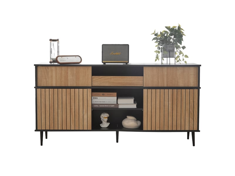  Buffet bas 160x40x80 cm avec 4 portes coulissantes, 1 tiroir et rangements ouverts, meuble salon salle à manger mdf-noir et chêne  - Conforama A