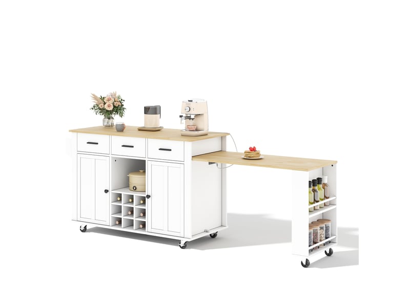  Îlot de cuisine mobile avec plateau extensible, 3 tiroirs, range-bouteilles, prises usb, 7 roulettes, blanc et naturel  - Conforama A