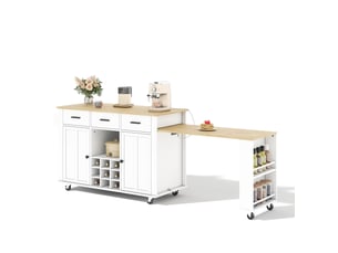 Îlot de cuisine mobile avec plateau extensible, 3 tiroirs, range-bouteilles, prises usb, 7 roulettes, blanc et naturel
