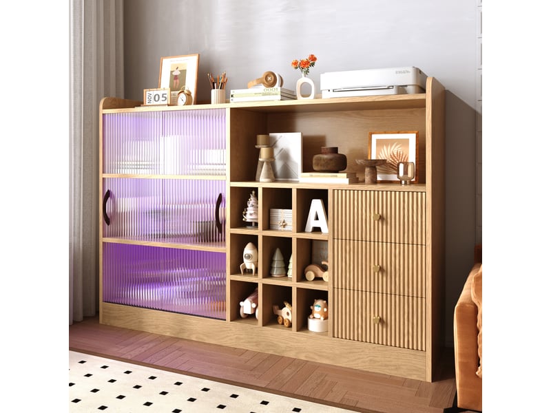  Buffet bar 120 cm avec casiers à bouteilles, meuble à vin rétro avec 2 portes coulissantes en verre translucide, tiroirs, niches et led via appli Seren Glow - Conforama E