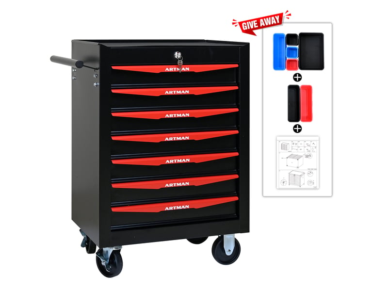 Armoire à outils mobile 7 tiroirs 60 x 33 x 77,5 cm noir et rouge, acier avec roulettes et serrure - Conforama D