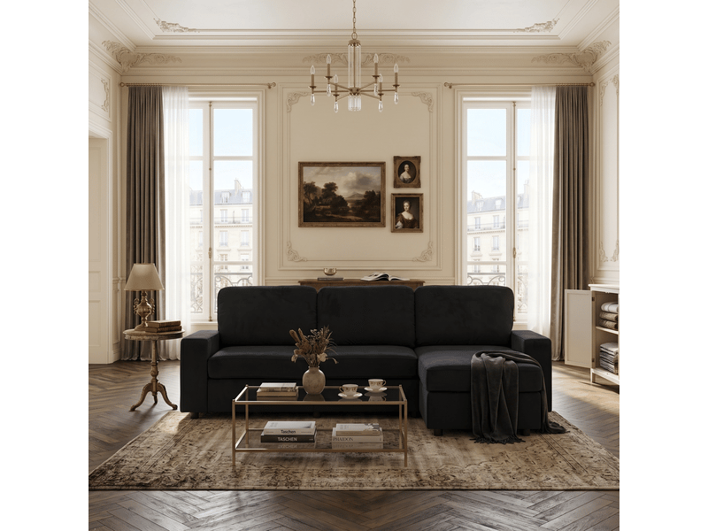 Canapé d'angle avec coffre 3 places noir - méridienne réversible 245,5 cm - tissu déhoussable - Conforama B