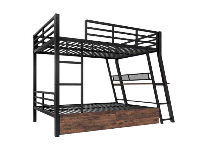 Lit superposé avec rangement 140x200cm noir | structure métal, led, escalier, bureau, tiroirs, sans matelas - Conforama D