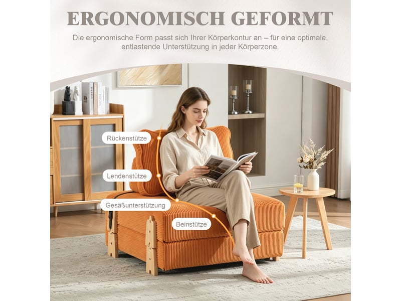  Fauteuil convertible 1 place 90x86x84cm orange en velours côtelé, couchage pliant, dossier rembourré et pieds en bois  - Conforama C