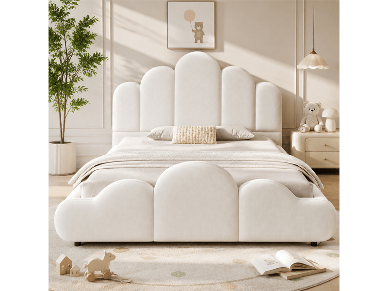 Lit enfant simple 140x200 cm avec tête de lit rembourrée, coins arrondis,velours beige evarich - Conforama E